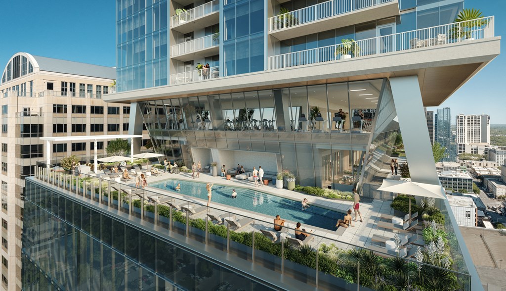 a rendering of a hotel with a swimming pool and a balcony overlooking the city