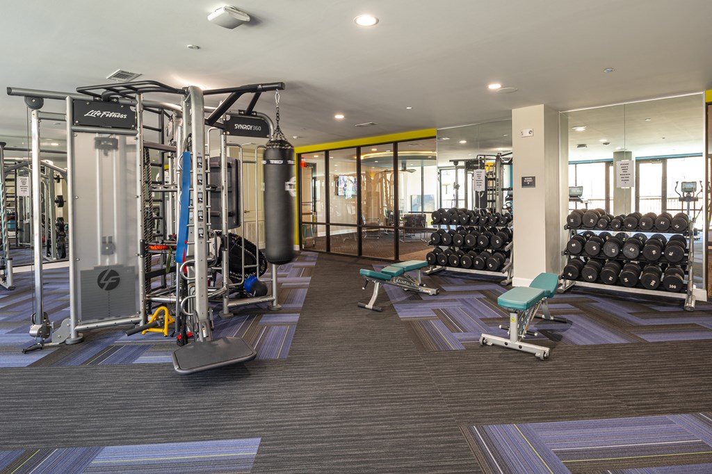 a gym with weights and cardio equipment in a building