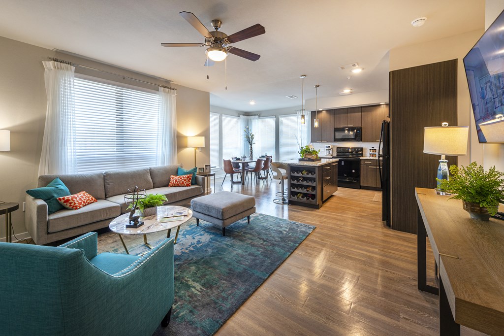 a living room and kitchen in an apartment