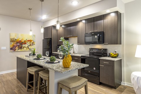 A modern kitchen with dark wood cabinets and a granite countertop.