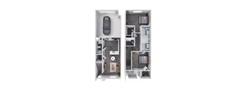 A top down view of a two-story apartment with a car parked in the garage.