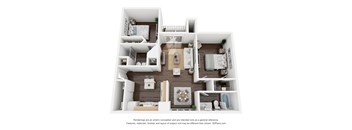 A 3D floor plan of a house with a kitchen, living room, and bedrooms.