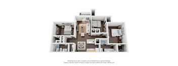 A 3D floor plan of a house with multiple rooms and furniture.