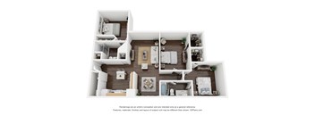 A 3D floor plan of a house with various rooms and furniture.