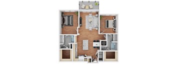 A top-down view of a small apartment layout with a kitchen, living room, and bathroom.