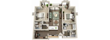 A floor plan of a two-bedroom apartment with a living room, kitchen, and bathroom.
