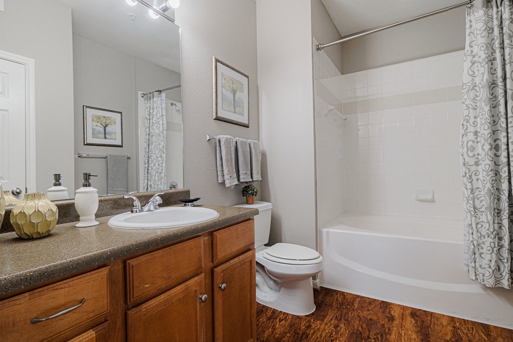 a bathroom with a sink toilet and shower and a mirror