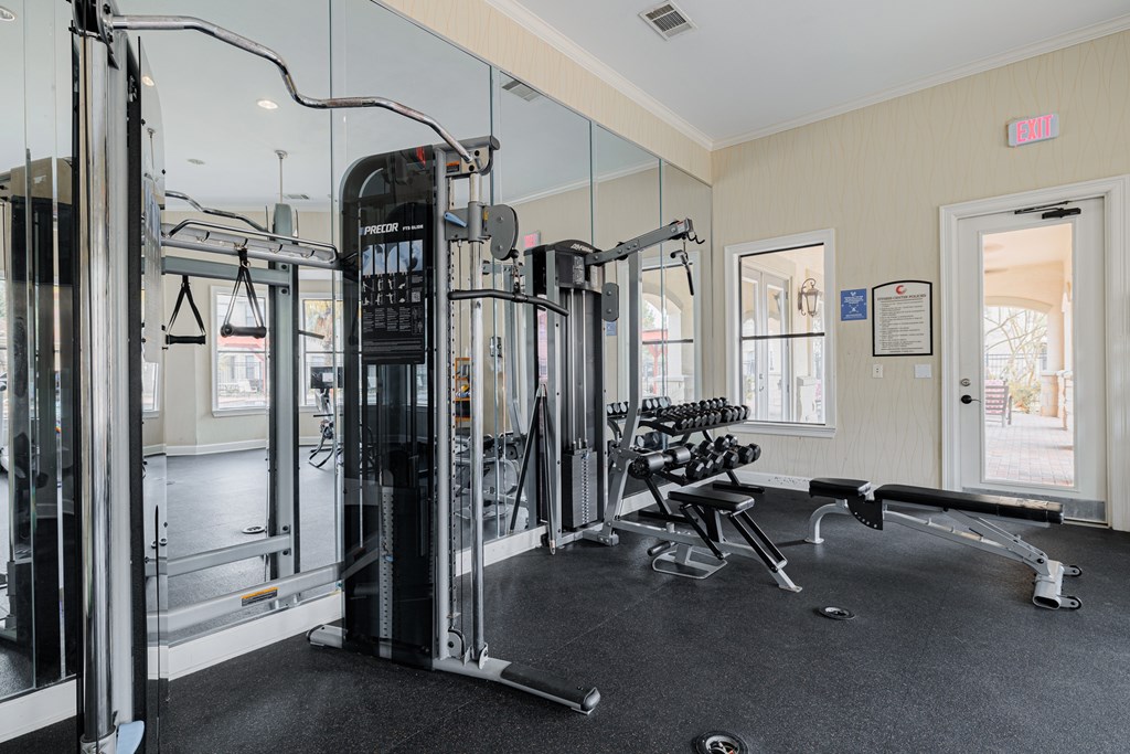 A gym with a variety of equipment including a squat rack, a leg press machine, and a bench press.