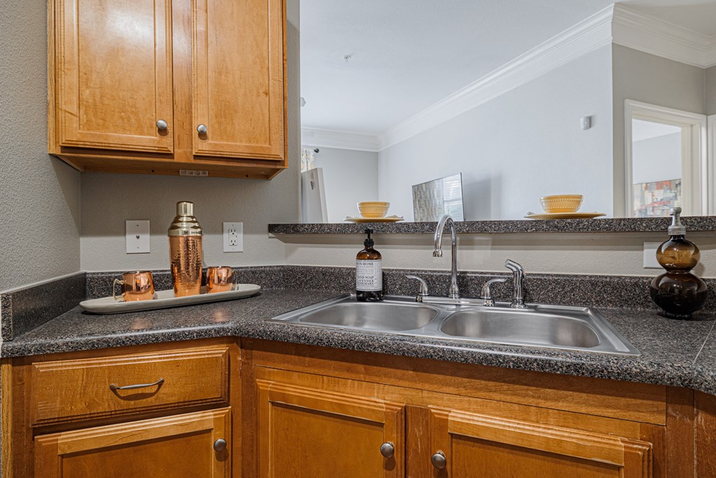 a kitchen with a sink and wooden cabinets