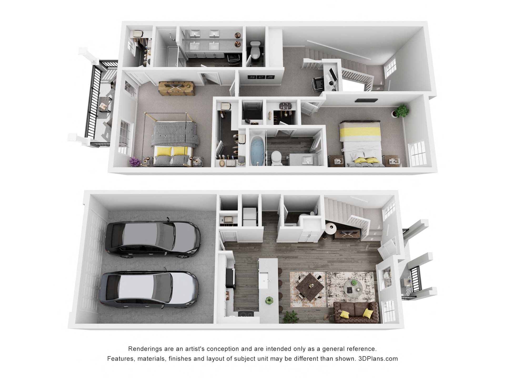 A 3D floor plan of a house with two bedrooms, a living room, a kitchen, a bathroom, and a garage.