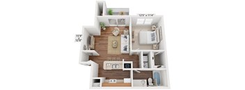 A 3D floor plan of a small apartment with a living room, kitchen, and bathroom.