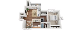 A 3D floor plan of a small apartment with a living room, kitchen, and bathroom.
