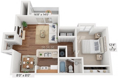 A 3D floor plan of a small apartment with a living room, kitchen, and bathroom.