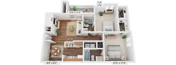 A 3D floor plan of a small apartment with a living room, kitchen, and two bedrooms.