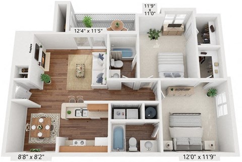 A 3D floor plan of a small apartment with a living room, kitchen, and two bedrooms.