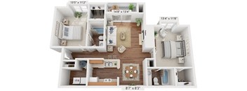 A floor plan of a two-bedroom apartment with a living room, kitchen, and bathroom.