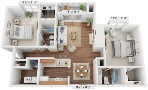 A floor plan of a two-bedroom apartment with a living room, kitchen, and bathroom.