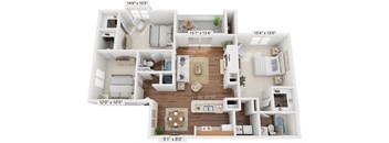 A floor plan of a house with a living room, kitchen, and two bedrooms.