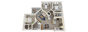 A top-down view of a house layout with a kitchen, living room, and bathroom.