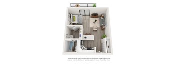 A top-down view of a small apartment with a kitchen, living room, and bedroom.