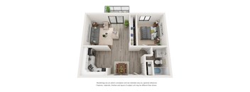A top-down view of a modern apartment layout with a living room, kitchen, and bedroom.