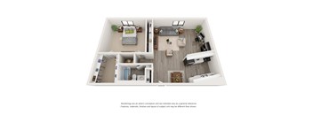 A top-down view of a two-bedroom apartment with a living room, kitchen, and bathroom.