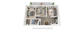 A 3D rendering of a modern, minimalist apartment with a living room, kitchen, and bathroom.