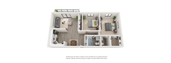 A 3D floor plan of a house with a kitchen, living room, dining room, and bedrooms.