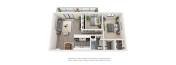 A top-down view of a modern apartment layout with a kitchen, living room, and bedrooms.