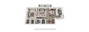 A top-down view of a house interior with a kitchen, living room, and bedrooms.