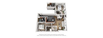 a stylized 3d floor plan with a bedroom and living room