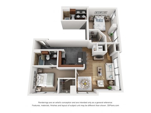 a stylized 3d floor plan with a bedroom and living room