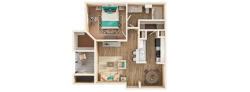 A top down view of a small apartment with a bed, desk, and kitchen area.