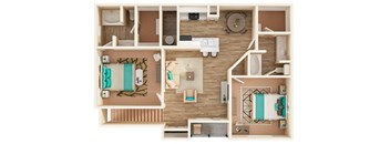 A top-down view of a house layout with a kitchen, living room, and bedrooms.