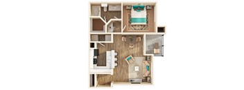 A top down view of a small apartment with a bed, a desk, a couch, and a kitchen area.