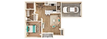 A top down view of a floorplan with an attached garage