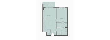 A floor plan of an apartment with a balcony, great room, bedroom, bath, and work area.