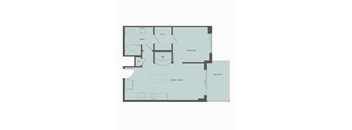 A floor plan of a house with a bedroom, bathroom, great room, and balcony.