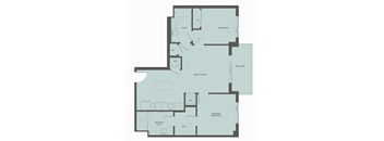 A floor plan of an apartment with a primary bedroom, primary bath, and a great room.