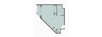 A floor plan of a room with a balcony, bathroom, and great room.