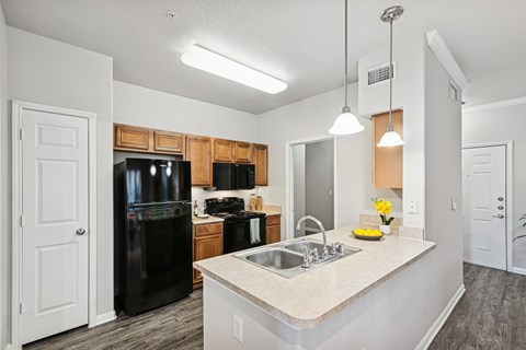 A kitchen with black appliances and wooden cabinets.