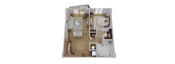 A top-down view of a well-furnished apartment.
