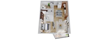 A top-down view of a house interior with a kitchen, living room, and dining area.