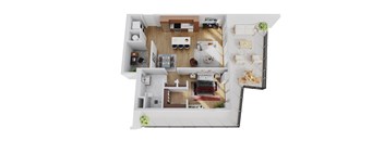 A top-down view of a small apartment with a kitchen, living room, and bedroom.