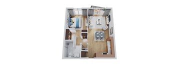 A top down view of a small apartment with a bedroom, living room, and kitchen.