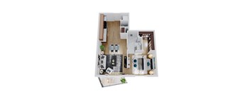 A top down view of a small apartment with a kitchen, living room, and bathroom.