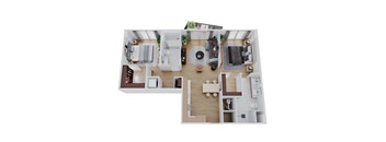 A floor plan of a house with a kitchen, living room, and two bedrooms.