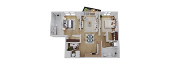 A top-down view of a modern apartment layout with a kitchen, living room, and two bedrooms.