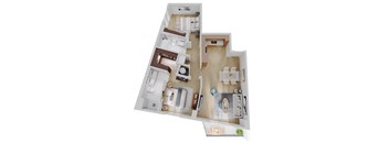A top down view of a house with a kitchen, living room, and two bedrooms.