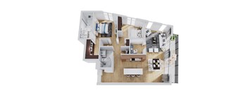 A top down view of a modern apartment layout.